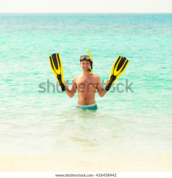 Download Men Wearing On Yellow Mask Flippers People Stock Image 426438442 Yellowimages Mockups