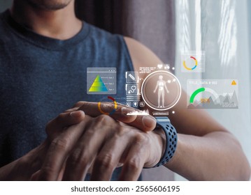 The men wearing a smart watch displays futuristic health data through an AI-powered interface, showing vital stats, medical info, and performance analytics in a sleek digital overlay.