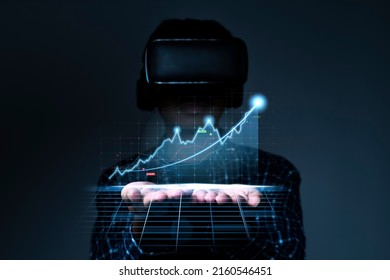 Men wearing VR virtual reality headset hand with visual screen graphic graph chart diagram on dark background