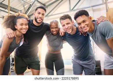 Men, women or diversity fitness team gym workout or training in heart health exercise, body wellness or muscle growth. Friends portrait, happy smile or sports people in community support group huddle - Powered by Shutterstock