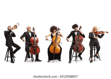 Men and women playing music instruments isolated on white background - Powered by Shutterstock