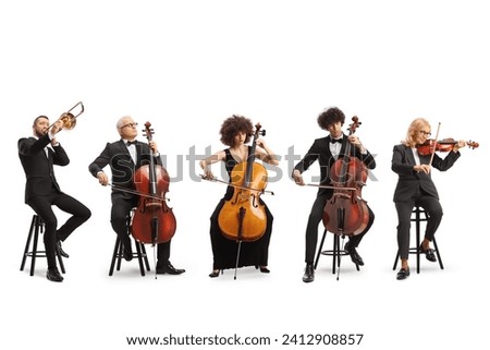 Men and women playing music instruments isolated on white background
