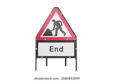 Men at work end temporary triangular road sign isolated, front view