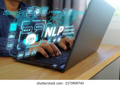 Men work on laptops and NLP or natural language processing interfaces to communicate with machines through applications and partners from around the world. - Powered by Shutterstock - Get 15% off with code: PIKWIZARD15