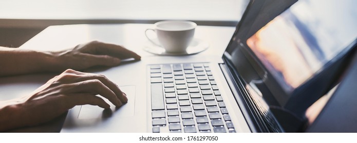 Men Working On Computer At Home. Businessman Using Laptop In Office. Business, Online Learning, Marketing, Freelance, Studying, Distance Education Concept. Panoramic Banner