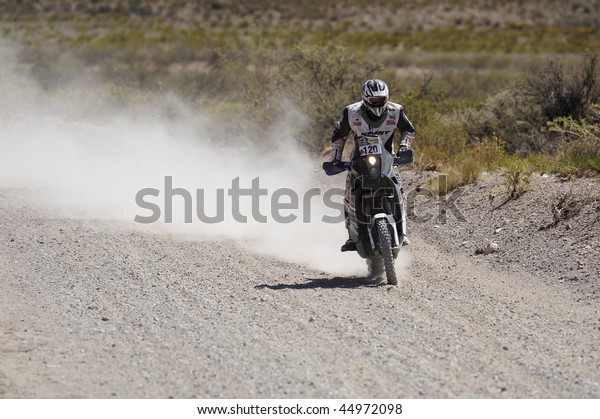 MENDOZA, ARGENTINA - JANUARY 15: A Motorcycle\
in the Rally DAKAR Argentina - Chile 2010. January 15, 2010 in\
Mendoza, Argentina