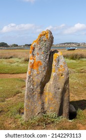 Menhir of Toeno - megalithic monument - lonely menhir on the coast at Trébeurden in Brittany, France