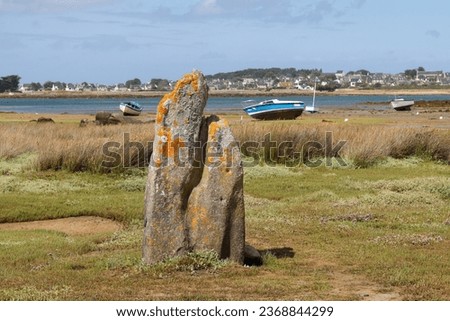 Menhir of Toeno - megalithic monument - lonely menhir on the coast at Trebeurden in Brittany, France