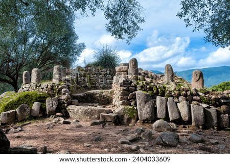 Menhirs with a human face carved on the megalithic site of Filitosai, southern Corsica, France