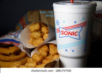 Menifee, CA USA - 12 23 2020: Tater Tots, Onion Rings, And Drinks From Sonic Fast Food Chain