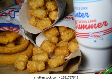 Menifee, CA USA - 12 23 2020: Tater Tots, Onion Rings, And Drinks From Sonic Fast Food Chain