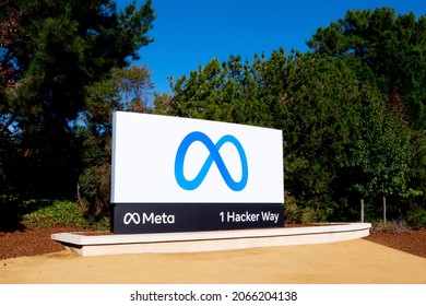 MENLO PARK, CALIFORNIA USA - OCTOBER 28, 2021: New Meta, Facebook sign, logo, metaverse. Facebook is an American online social media, networking service company with headquarters in Silicon Valley