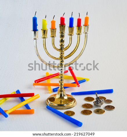 Similar – Image, Stock Photo Jewish Hanukkah menorah on blue and pink background