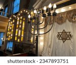 A menorah is lit up, along with other lights, in the Sons of Jacob Temple in Providence, Rhode Island, to honor Yahrzeit.