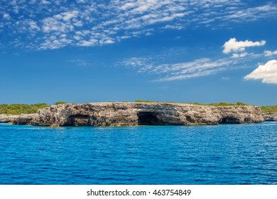 Menorca Island South Mediterranean Sea Coast Rock Caves. Balearic Islands, Spain.