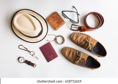 Men's Accessories And Essential Travel Items On White Background, Flat Lay Fashion And Beauty Concept