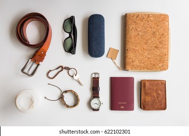 Men's Accessories And Essential Travel Items On White Background, Flat Lay Fashion And Beauty Concept