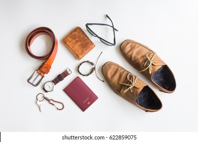 Men's Accessories And Essential Travel Items On White Background, Flat Lay Fashion And Beauty Concept