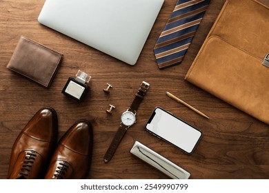 Men's accessories on a wooden desk: leather shoes, wallet, watch, tie, laptop, phone, and cologne. Stylish men's essentials for a polished look. Men's fashion and accessories background. - Powered by Shutterstock