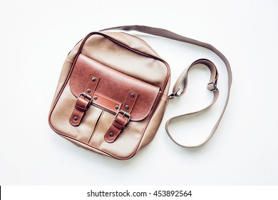 Men's Accessories Outfits With Brown Leather Bag Top View, Flat Lay On Wooden Board Background 