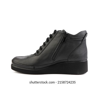 Men's Autumn Black Leather Jodhpur Boots With Laces Isolated White Background. Left Side View. Fashion Shoes. Photoshoot For Shoe Shop Concept