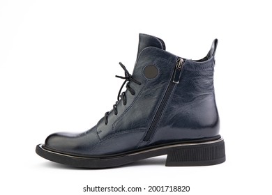 Men's Autumn Blue Leather Jodhpur Boots With Laces Isolated White Background. Left Side View. Fashion Shoes. Photoshoot For Shoe Shop Concept.