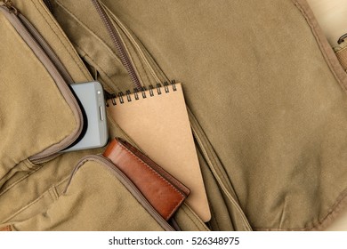 Men's Bag Stuff Top View, Navy-green Fabric Messenger Bag Have Brown Leather Wallet, Smartphone, Notebook Inside