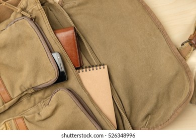 Men's Bag Stuff Top View, Navy-green Fabric Messenger Bag Have Brown Leather Wallet, Smartphone, Notebook Inside