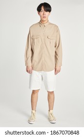 Men's Beige Long Sleeves Shirt Mockup Minimal Outfit