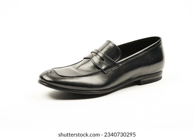 Men's black leather moccasins, loafers isolated white background.