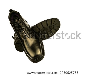 Men's black shoes.demi - season shoes . classic black leather lace-up shoes.women's shoes.summer beauty. on a white isolated background. high heels.Close-up.A place for copying text