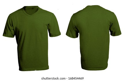 Men's Blank Green V-Neck Shirt, Front And Back Design Template