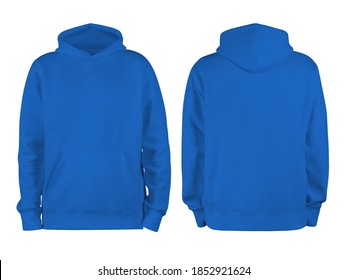 Men's blue blank hoodie template,from two sides, natural shape on invisible mannequin, for your design mockup for print, isolated on white background