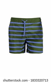 Men's blue with green striped swimming trunks isolated on white background. Front view. Ghost mannequin photography