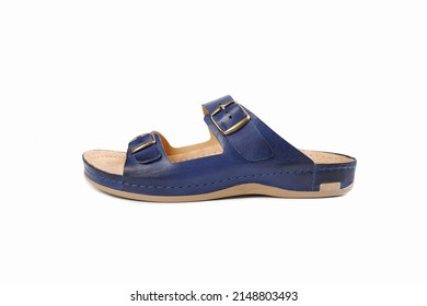 Men's Blue Leather Sandals Highlighted On A White Background.Summer Men's Shoes. Flat Orthopedic Slippers Of A Doctor Or Nurse.Shop Of Workwear, Uniforms