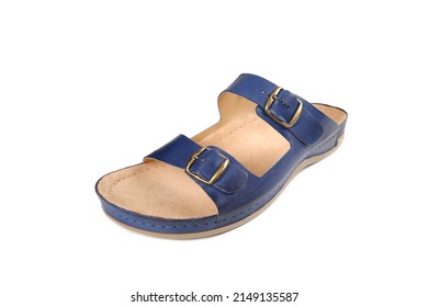 Men's Blue Leather Sandals Highlighted On A White Background.Summer Men's Shoes. Flat Orthopedic Slippers Of A Doctor Or Nurse.Shop Of Workwear, Uniforms.Side View