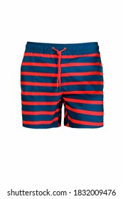 Men's blue with red striped swimming trunks isolated on white background. Front view. Ghost mannequin photography