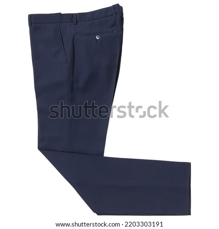 Men's blue textured fabric trousers, classic suit, on a white background, flat lay, isolate
