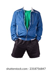 mens blue white windbreaker jacket,retro heather green t-shirt and black sports shorts isolated on white background. fashionable casual wear