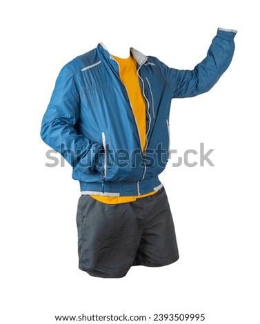 mens  blue windbreaker jacket,yellow t-shirt and  dark gray sports shorts isolated on white background. fashionable casual wear