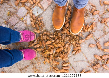 Men's brown boots and lilac women's boots on a path in the forest covered with cones of coniferous trees.