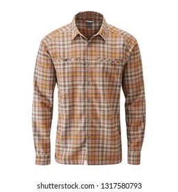 Men's Brown Long Sleeve Shirt In Polyester Brushed Check Fabric Isolated On White Background. Clothing Apparel. Top Warm Checkered Fabric. Front View Of Modern Checker T-Shirt For Man