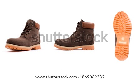 Men's brown shoes, boots isolated white background. Side view, top view and sole
