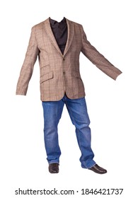 Men's Button Light Brown Jacket, Men's Blue Jeans, Leather Black Shoes And Black Sweater Isolated On White Background