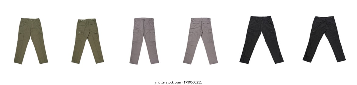 Men's cargo pants isolated on white background. Usual cargo mockup. Plain pants wallpaper. Pants for daily activities, cargo, summer wear, menswear, modern fashion. Pants with simple motifs.
