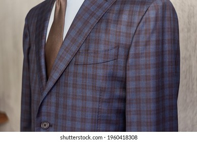 Men's Casual Checkered Tweed Blue Coat And Blue Shirt Lapel With Tie Closeup