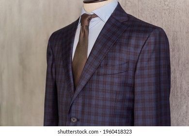 Men's Casual Checkered Tweed Blue Coat And Blue Shirt Lapel With Tie