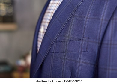 Men's Casual Checkered Tweed Coat And Shirt Lapel Closeup