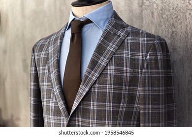 Men's Casual Checkered Tweed Grey Coat And Blue Shirt Lapel With Tie