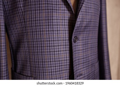 Men's Casual Checkered Tweed Grey Coat And Blue Shirt Lapel With Tie Closeup